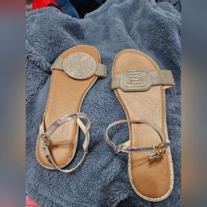 Embellished Silver Glitter Ankle-Strap Flat Sandals